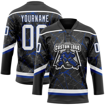 Custom Black White-Royal 3D Pattern Abstract Network Hockey Lace Neck Jersey