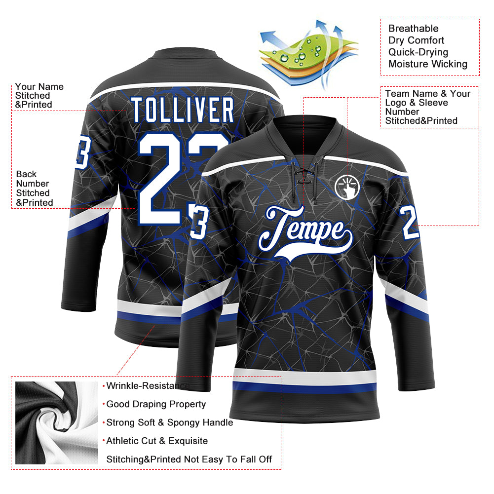 Custom Black White-Royal 3D Pattern Abstract Network Hockey Lace Neck Jersey