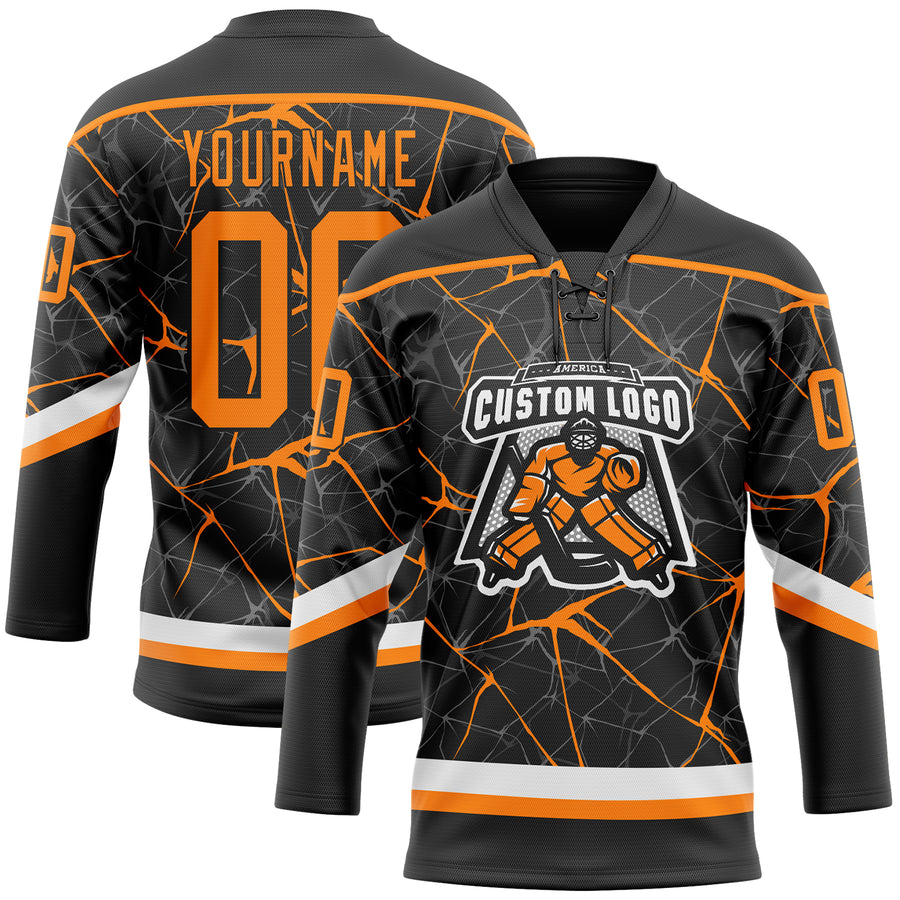 Custom Black Bay Orange-White 3D Pattern Abstract Network Hockey Lace Neck Jersey