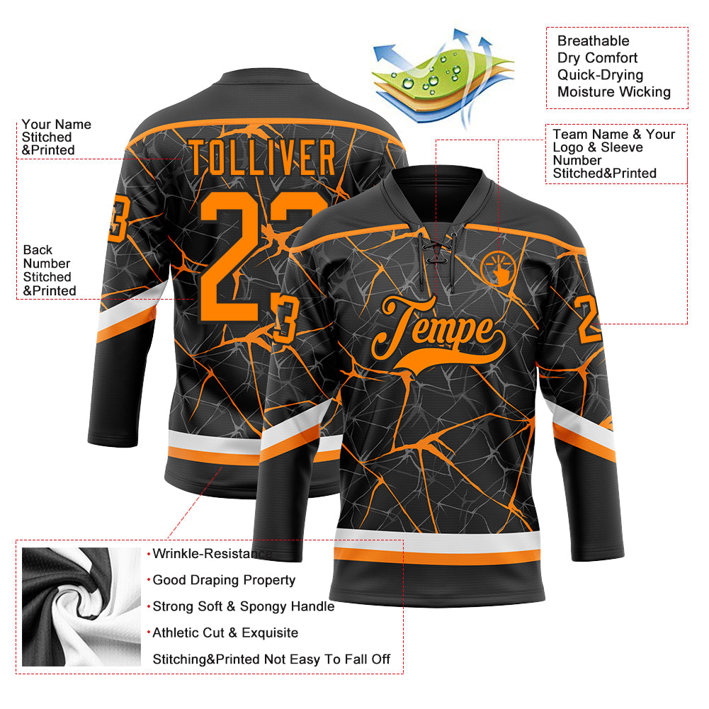 Custom Black Bay Orange-White 3D Pattern Abstract Network Hockey Lace Neck Jersey