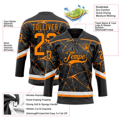 Custom Black Bay Orange-White 3D Pattern Abstract Network Hockey Lace Neck Jersey