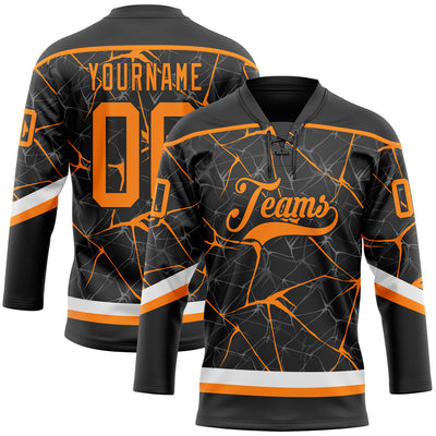 Custom Black Bay Orange-White 3D Pattern Abstract Network Hockey Lace Neck Jersey