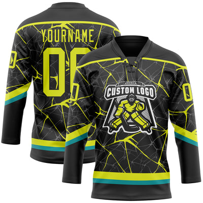 Custom Black Neon Yellow-Teal 3D Pattern Abstract Network Hockey Lace Neck Jersey