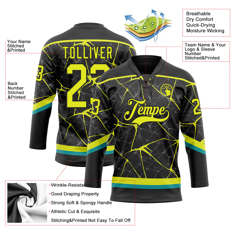 Custom Black Neon Yellow-Teal 3D Pattern Abstract Network Hockey Lace Neck Jersey