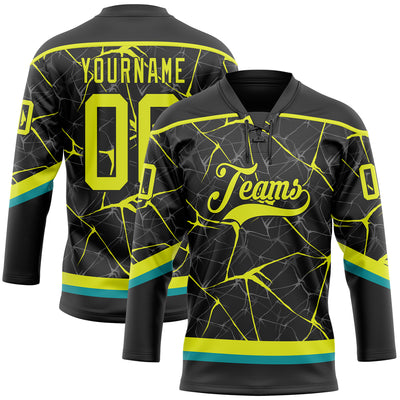 Custom Black Neon Yellow-Teal 3D Pattern Abstract Network Hockey Lace Neck Jersey