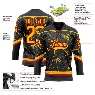 Custom Black Gold-Red 3D Pattern Abstract Network Hockey Lace Neck Jersey