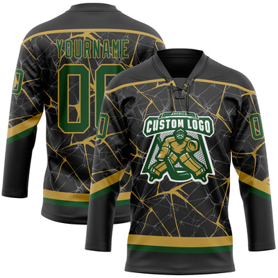 Custom Black Green-Old Gold 3D Pattern Abstract Network Hockey Lace Neck Jersey