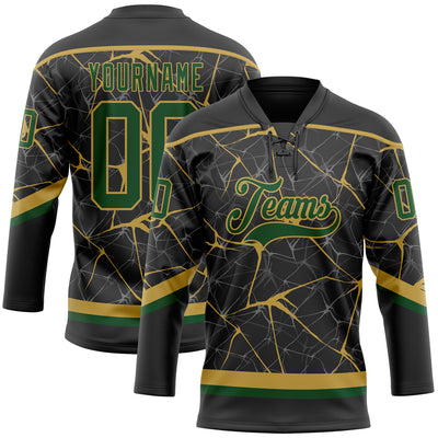 Custom Black Green-Old Gold 3D Pattern Abstract Network Hockey Lace Neck Jersey