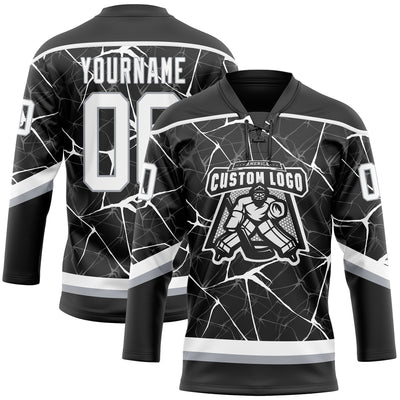 Custom Black White-Gray 3D Pattern Abstract Network Hockey Lace Neck Jersey