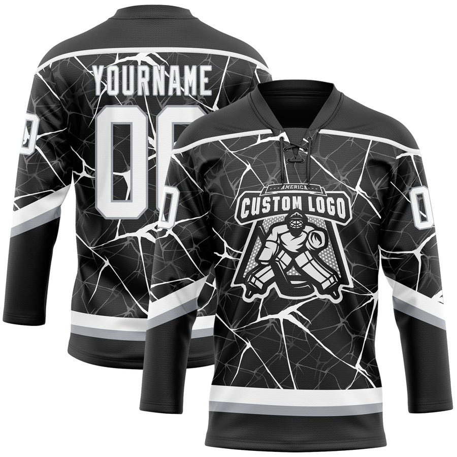 Custom Black White-Gray 3D Pattern Abstract Network Hockey Lace Neck Jersey