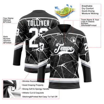 Custom Black White-Gray 3D Pattern Abstract Network Hockey Lace Neck Jersey