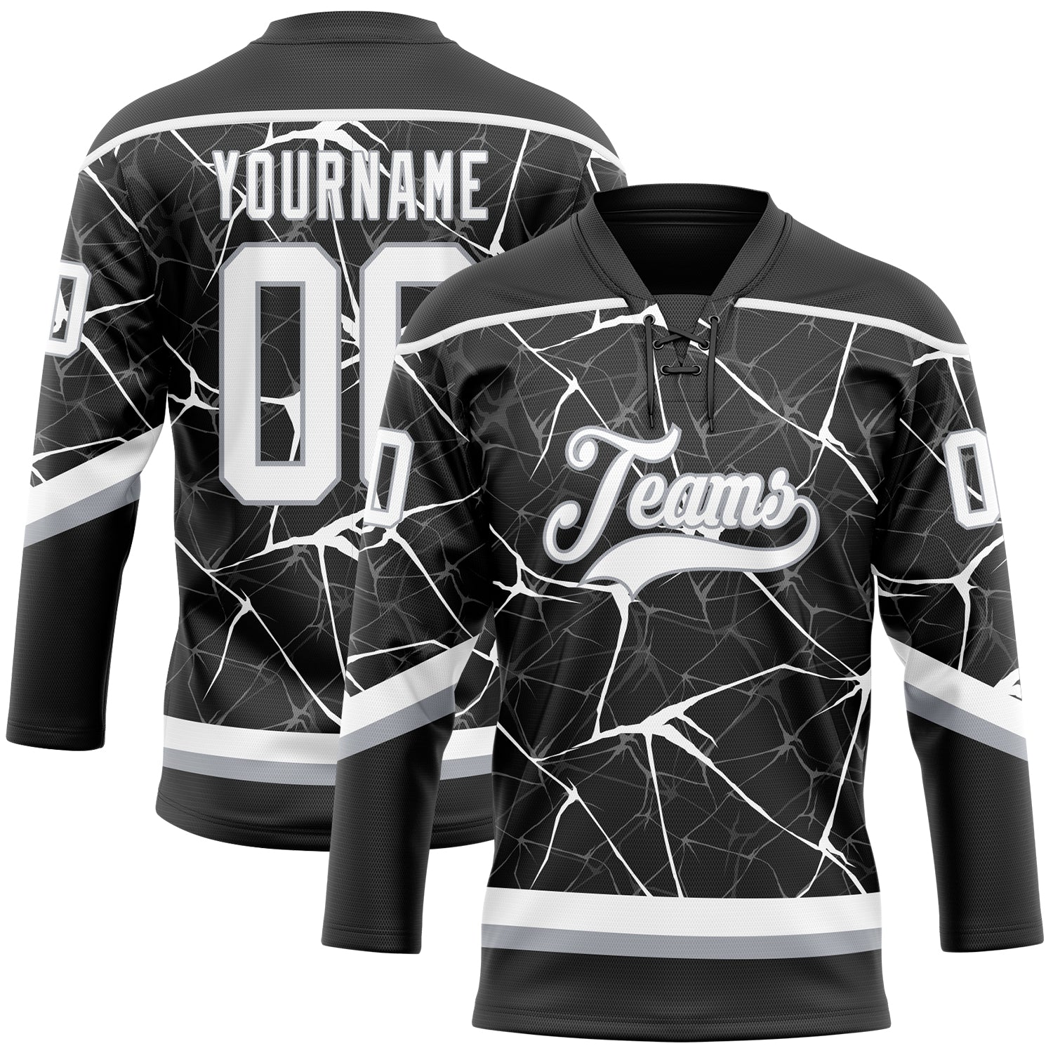 Custom Black White-Gray 3D Pattern Abstract Network Hockey Lace Neck Jersey