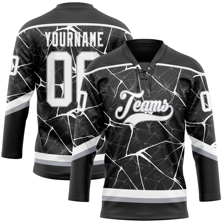 Custom Black White-Gray 3D Pattern Abstract Network Hockey Lace Neck Jersey