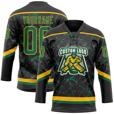 Custom Black Kelly Green-Gold 3D Pattern Abstract Network Hockey Lace Neck Jersey