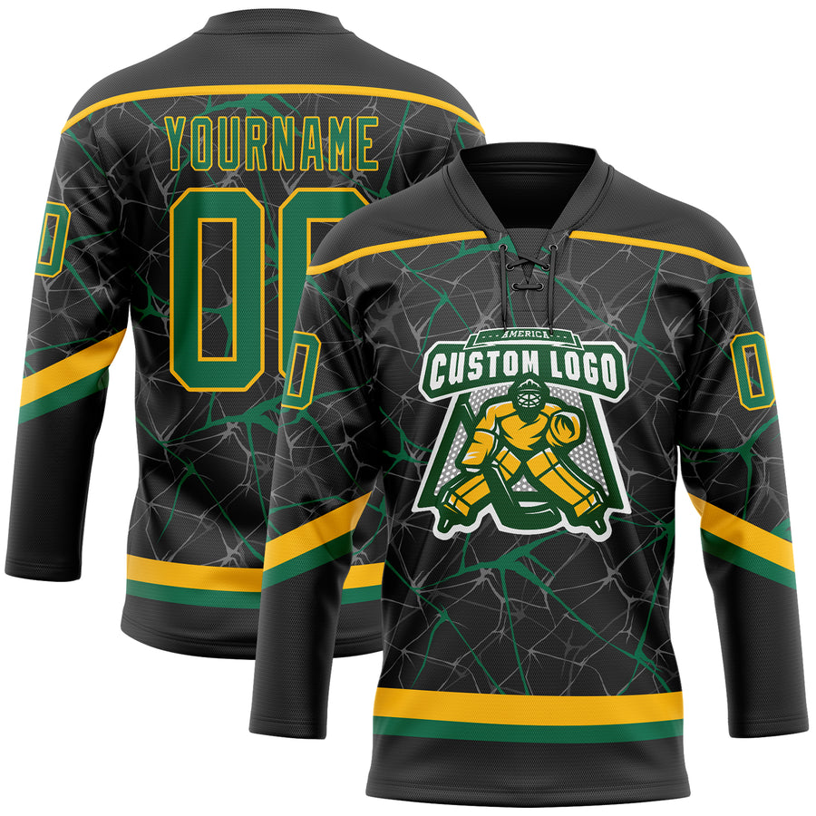 Custom Black Kelly Green-Gold 3D Pattern Abstract Network Hockey Lace Neck Jersey