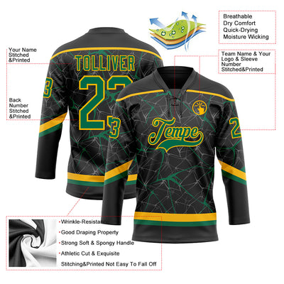 Custom Black Kelly Green-Gold 3D Pattern Abstract Network Hockey Lace Neck Jersey