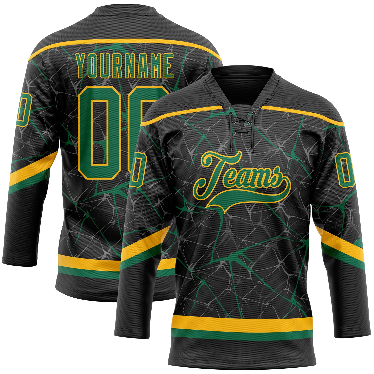 Custom Black Kelly Green-Gold 3D Pattern Abstract Network Hockey Lace Neck Jersey