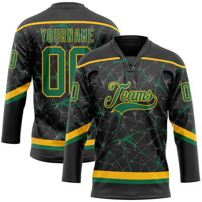 Custom Black Kelly Green-Gold 3D Pattern Abstract Network Hockey Lace Neck Jersey