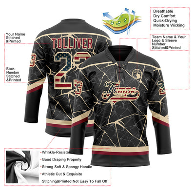 Custom Black Vintage USA Flag Crimson-City Cream 3D Pattern Abstract Network Hockey Lace Neck Jersey