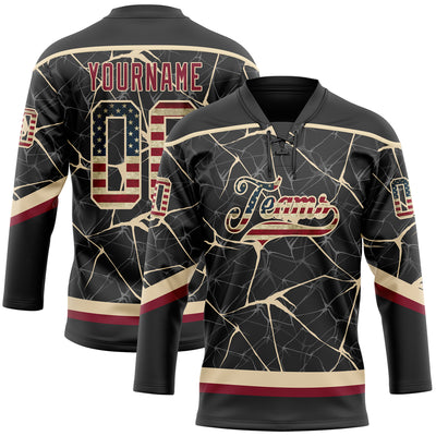 Custom Black Vintage USA Flag Crimson-City Cream 3D Pattern Abstract Network Hockey Lace Neck Jersey