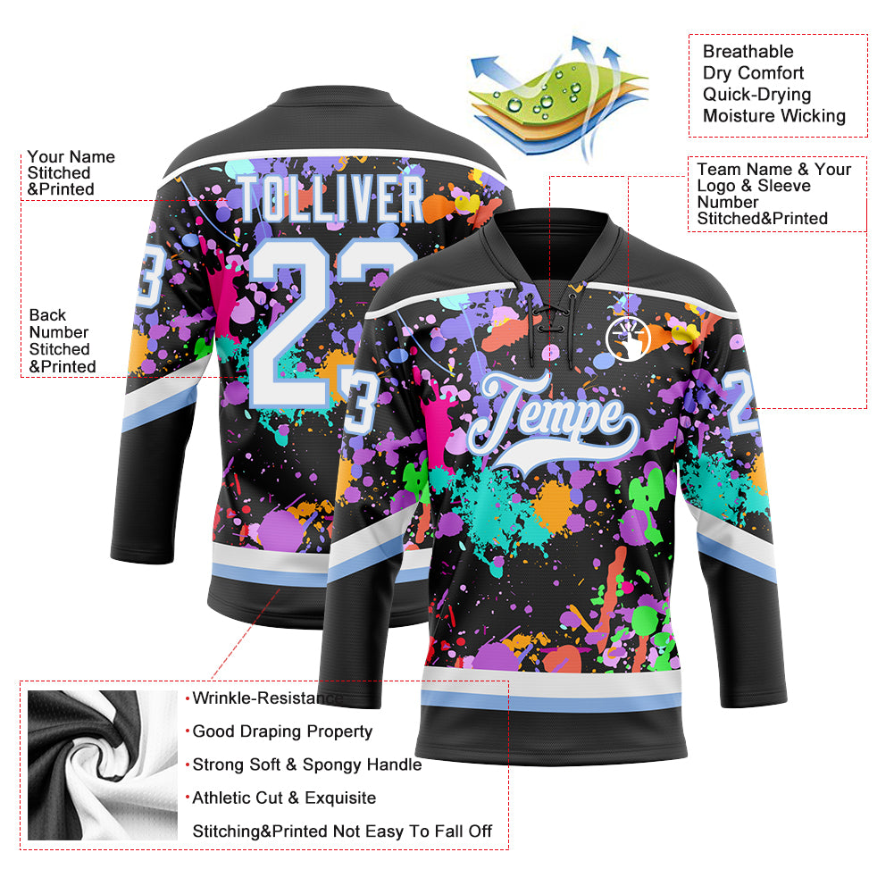 Custom Graffiti Pattern White Black-Light Blue 3D Pattern Splash Art Hockey Lace Neck Jersey