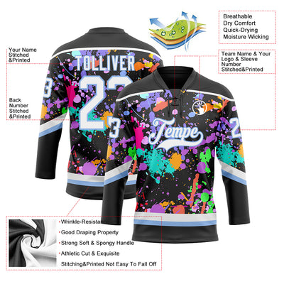 Custom Graffiti Pattern White Black-Light Blue 3D Pattern Splash Art Hockey Lace Neck Jersey