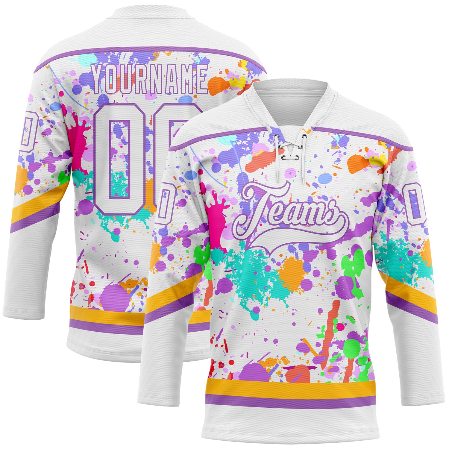 Custom Graffiti Pattern White Medium Purple-Gold 3D Splash Art Hockey Lace Neck Jersey