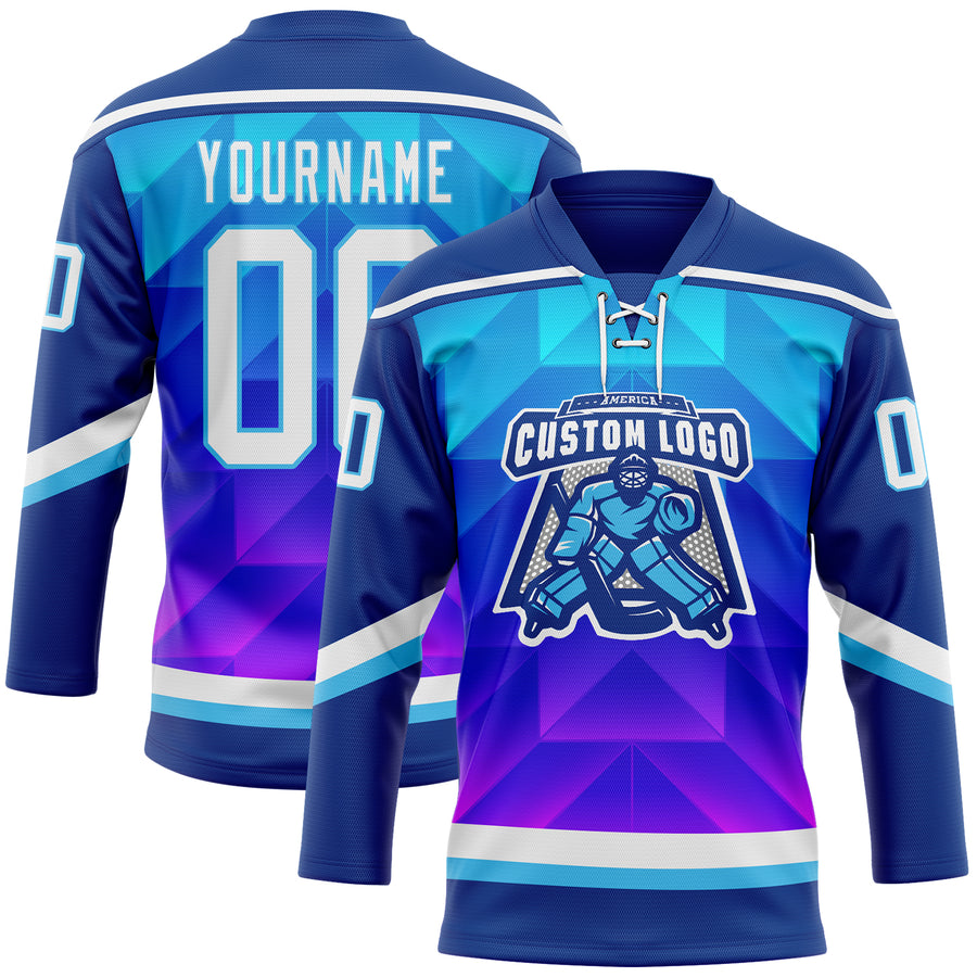 Custom Blue White Sky Blue-Purple 3D Pattern Gradient Geometric Shape Hockey Lace Neck Jersey