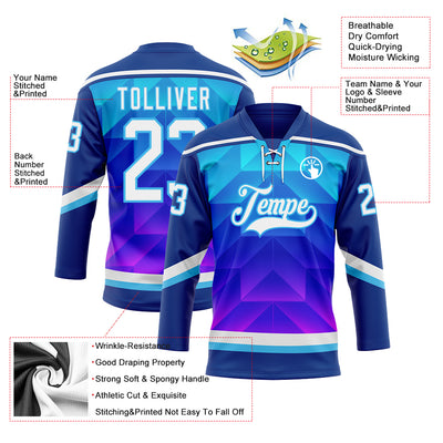 Custom Blue White Sky Blue-Purple 3D Pattern Gradient Geometric Shape Hockey Lace Neck Jersey