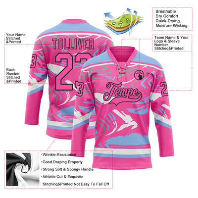 Custom Figure Pink Light Blue Black-White 3D Pattern Fluid Art Hockey Lace Neck Jersey