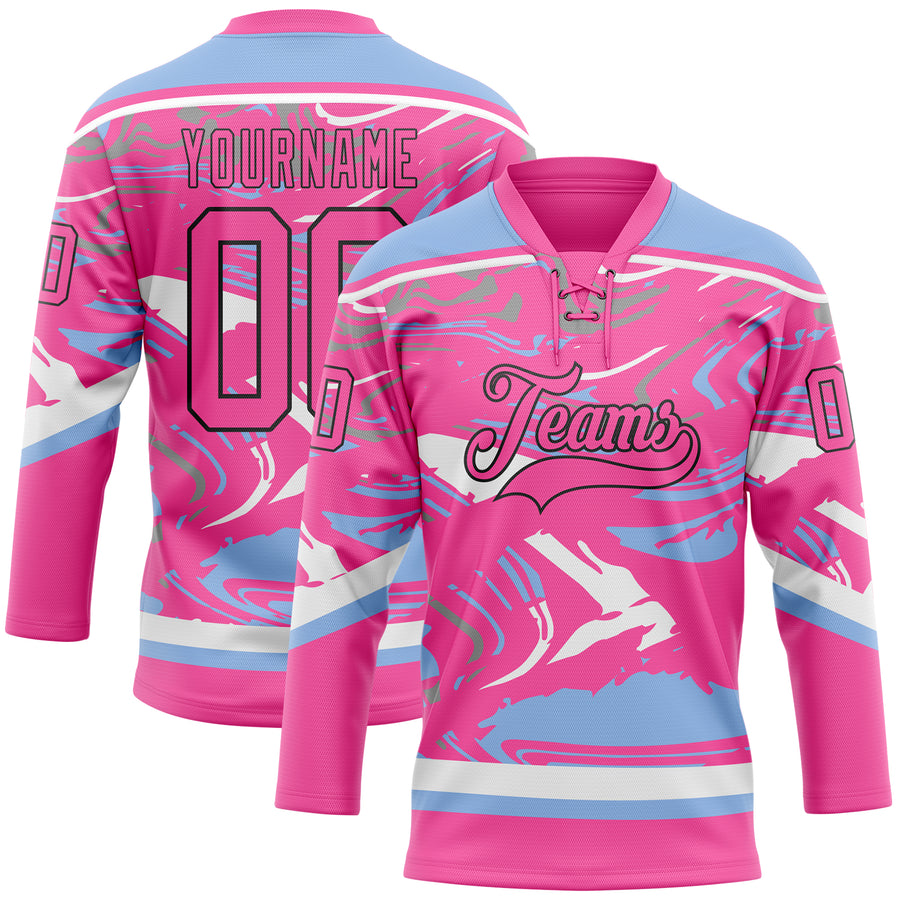 Custom Figure Pink Light Blue Black-White 3D Pattern Fluid Art Hockey Lace Neck Jersey
