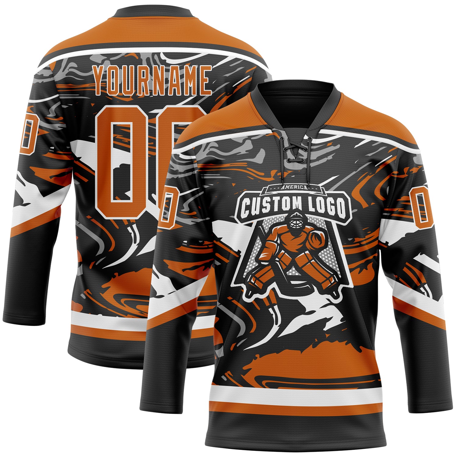Custom Figure Texas Orange Black-White 3D Pattern Fluid Art Hockey Lace Neck Jersey