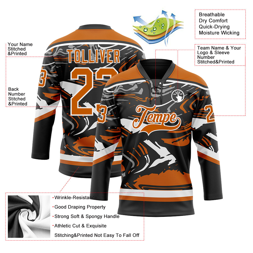 Custom Figure Texas Orange Black-White 3D Pattern Fluid Art Hockey Lace Neck Jersey