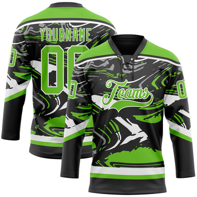 Custom Figure Aurora Green Black-White 3D Pattern Fluid Art Hockey Lace Neck Jersey