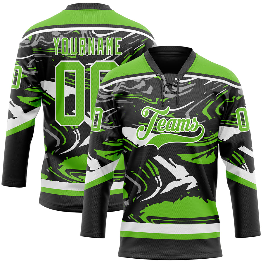 Custom Figure Aurora Green Black-White 3D Pattern Fluid Art Hockey Lace Neck Jersey