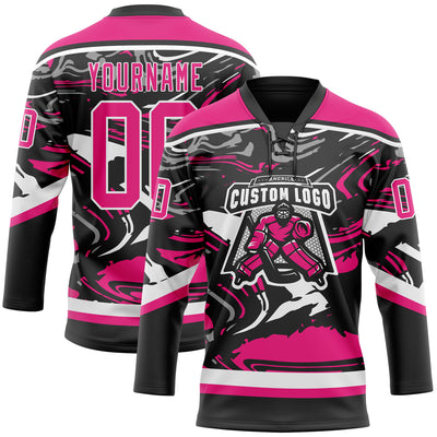Custom Figure Hot Pink Black-White 3D Pattern Fluid Art Hockey Lace Neck Jersey