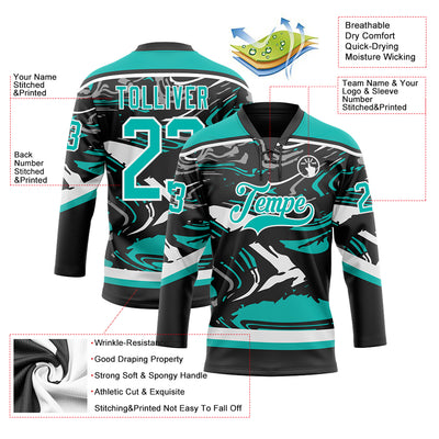 Custom Figure Aqua Black-White 3D Pattern Fluid Art Hockey Lace Neck Jersey
