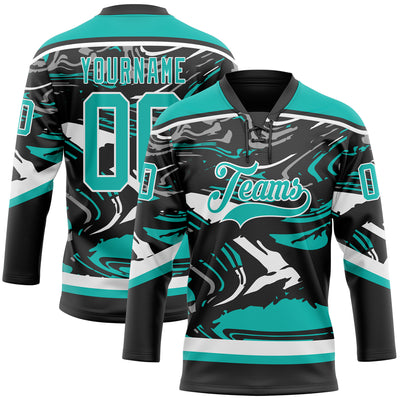 Custom Figure Aqua Black-White 3D Pattern Fluid Art Hockey Lace Neck Jersey