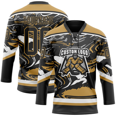 Custom Figure Black Old Gold-White 3D Pattern Fluid Art Hockey Lace Neck Jersey