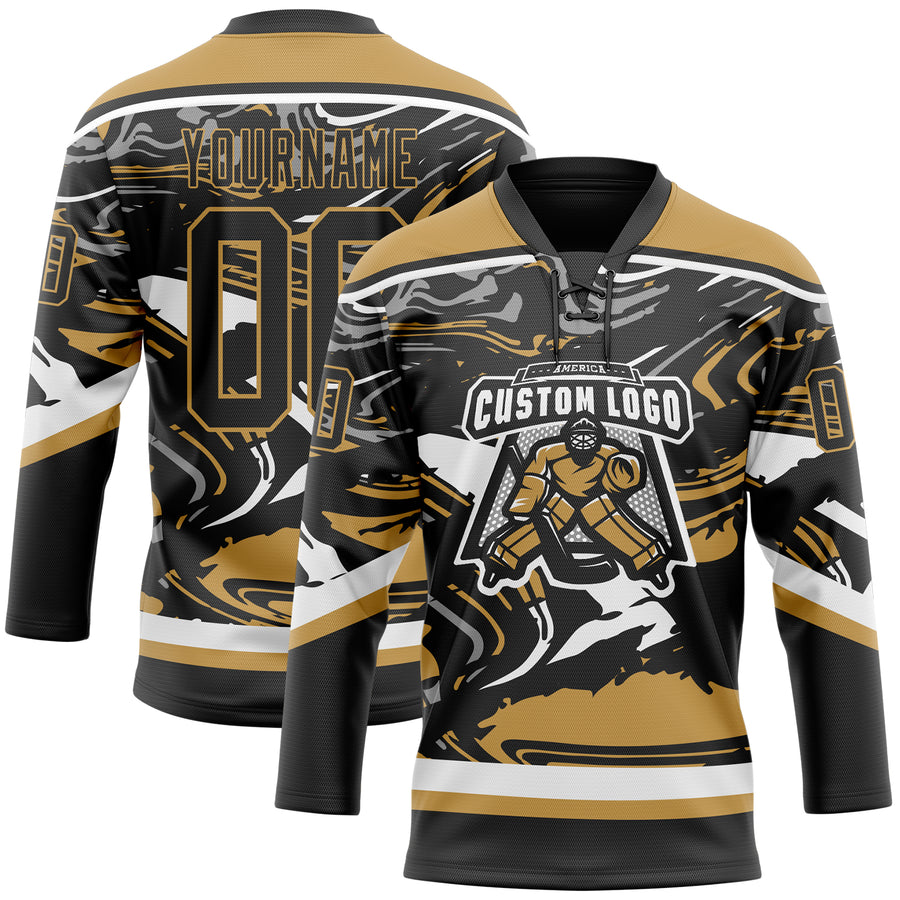 Custom Figure Black Old Gold-White 3D Pattern Fluid Art Hockey Lace Neck Jersey