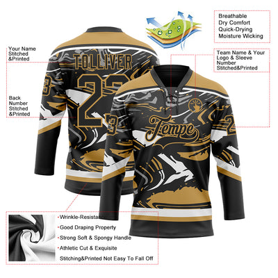 Custom Figure Black Old Gold-White 3D Pattern Fluid Art Hockey Lace Neck Jersey