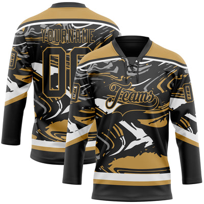 Custom Figure Black Old Gold-White 3D Pattern Fluid Art Hockey Lace Neck Jersey
