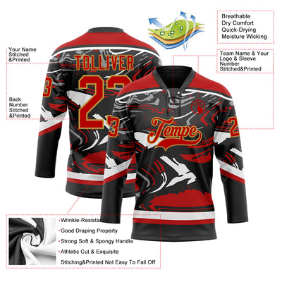 Custom Figure Red Black Old Gold-White 3D Pattern Fluid Art Hockey Lace Neck Jersey