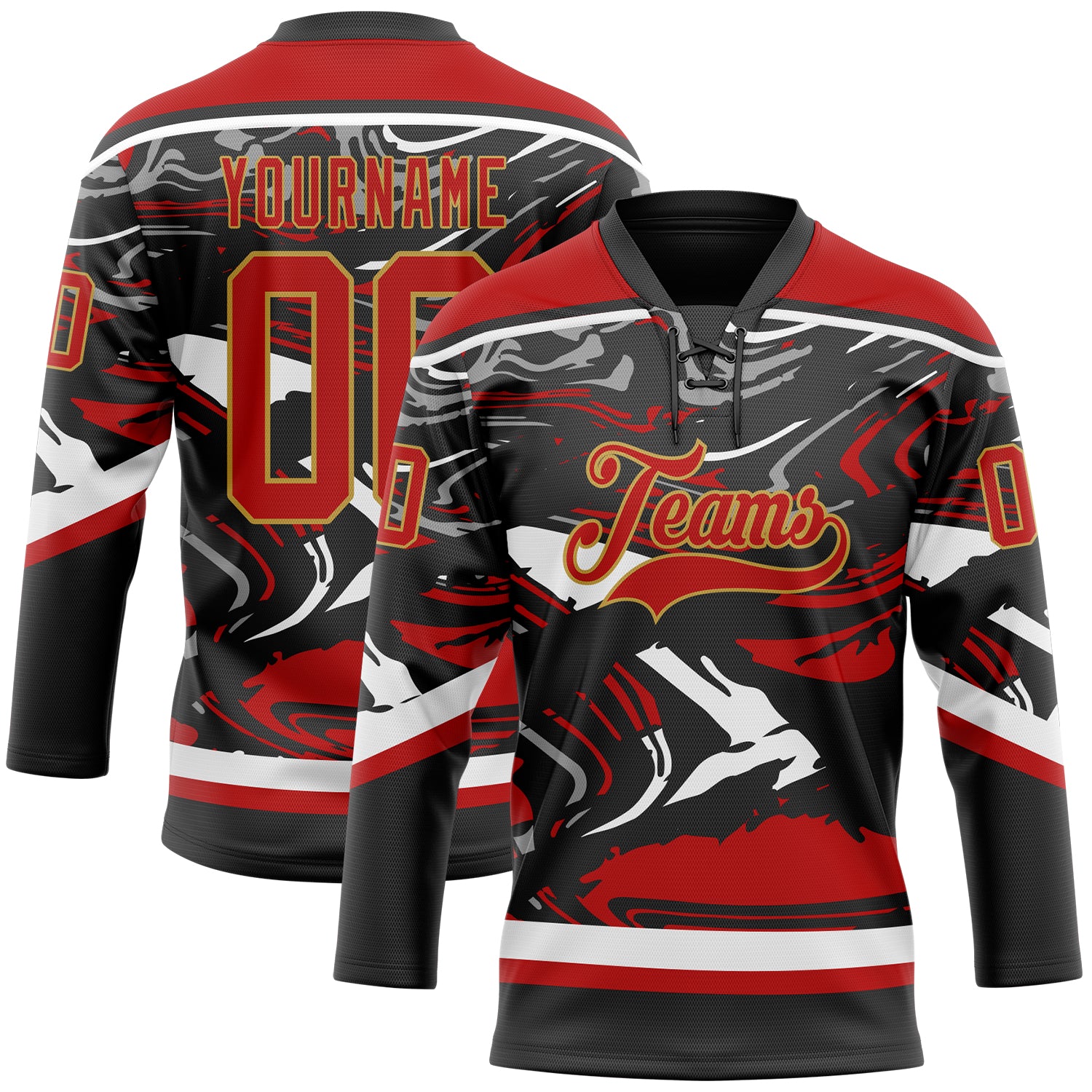 Custom Figure Red Black Old Gold-White 3D Pattern Fluid Art Hockey Lace Neck Jersey