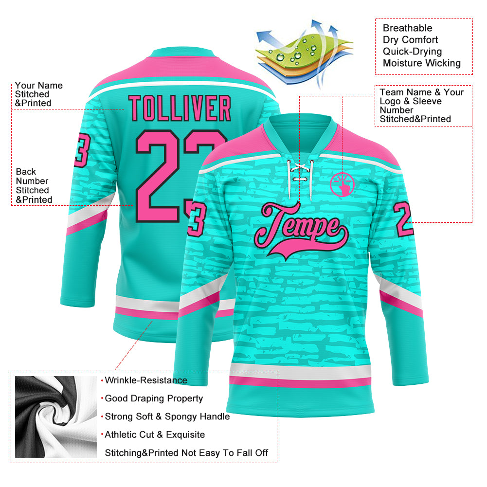 Custom Aqua Pink Black-White 3D Pattern Fragment Art Hockey Lace Neck Jersey