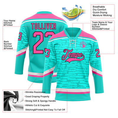 Custom Aqua Pink Black-White 3D Pattern Fragment Art Hockey Lace Neck Jersey