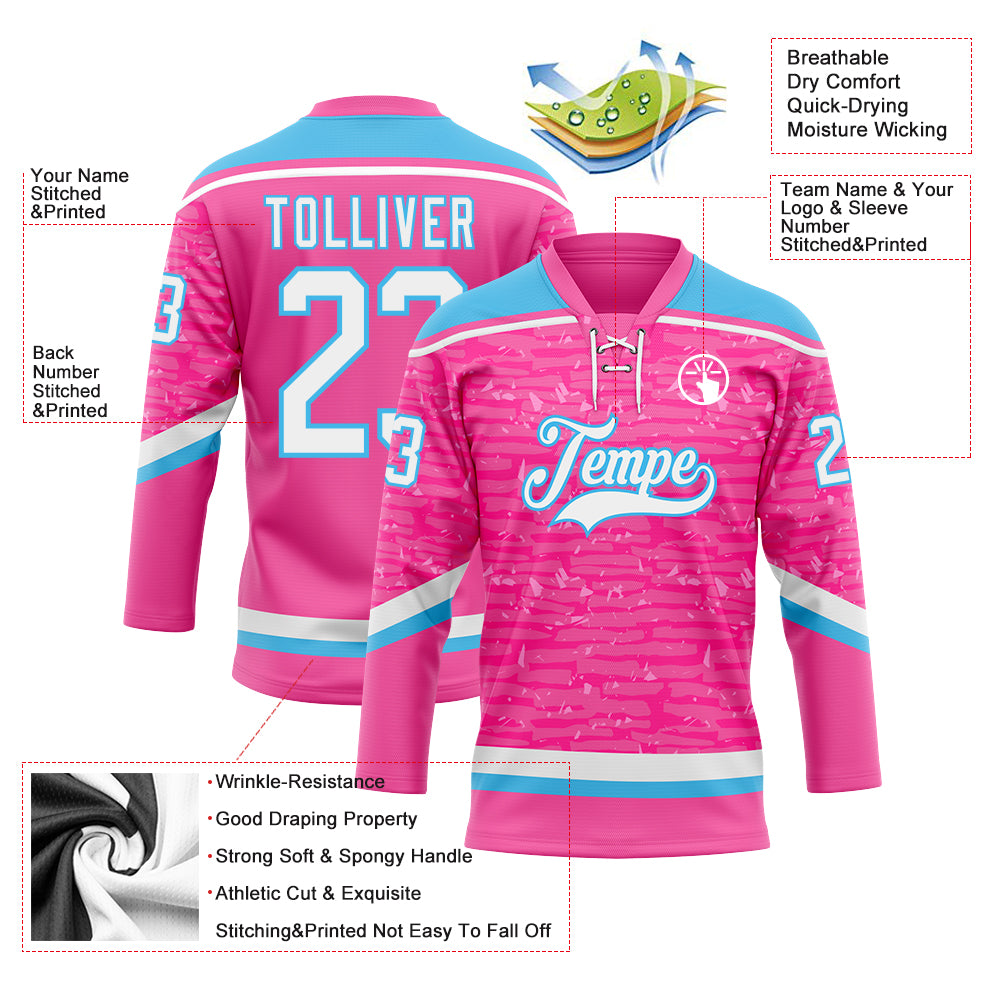 Custom Pink White-Sky Blue 3D Pattern Fragment Art Hockey Lace Neck Jersey