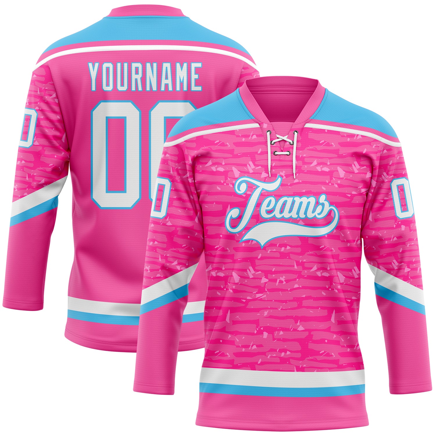 Custom Pink White-Sky Blue 3D Pattern Fragment Art Hockey Lace Neck Jersey
