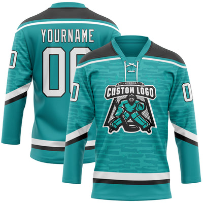 Custom Teal White-Black 3D Pattern Fragment Art Hockey Lace Neck Jersey