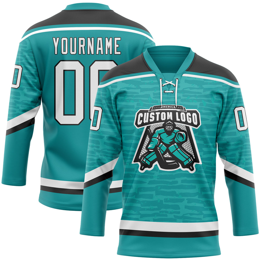 Custom Teal White-Black 3D Pattern Fragment Art Hockey Lace Neck Jersey